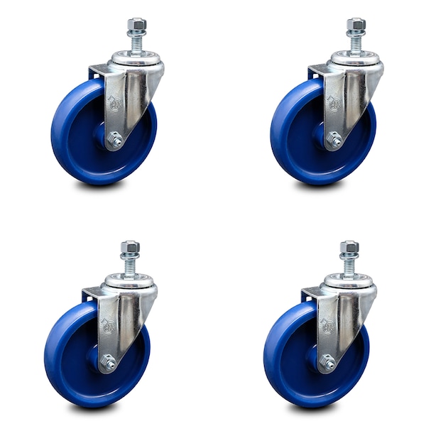 5 Inch Solid Polyurethane Wheel Swivel 3/8 Inch Threaded Stem Caster Set SCC